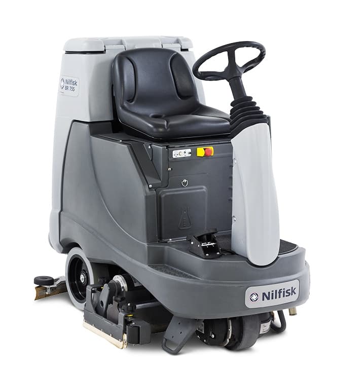 Nilfisk BR755 ride-on scrubber dryer – compact, high-performance floor cleaning machine for industrial and commercial use.