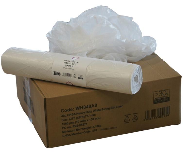 Swing Bin Liner White 40ltr (Box of 3000)